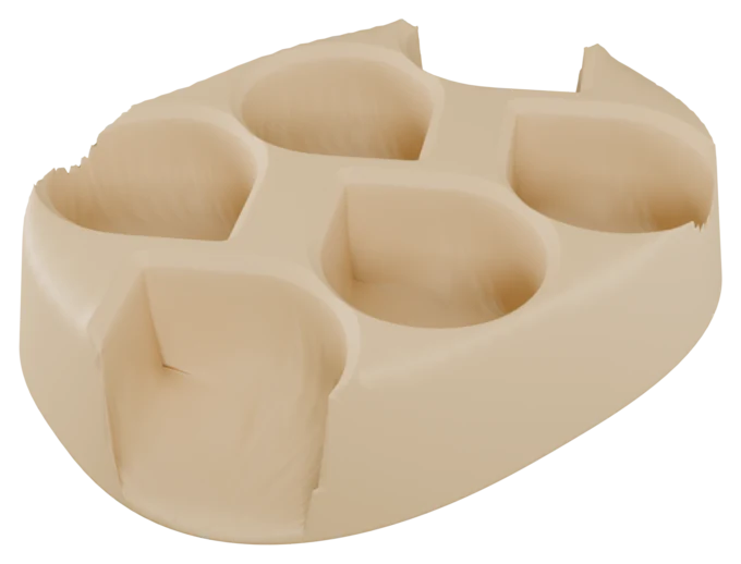 OpenSCAD battery caddy — organic dune-hull rack with six nested teardrop sockets