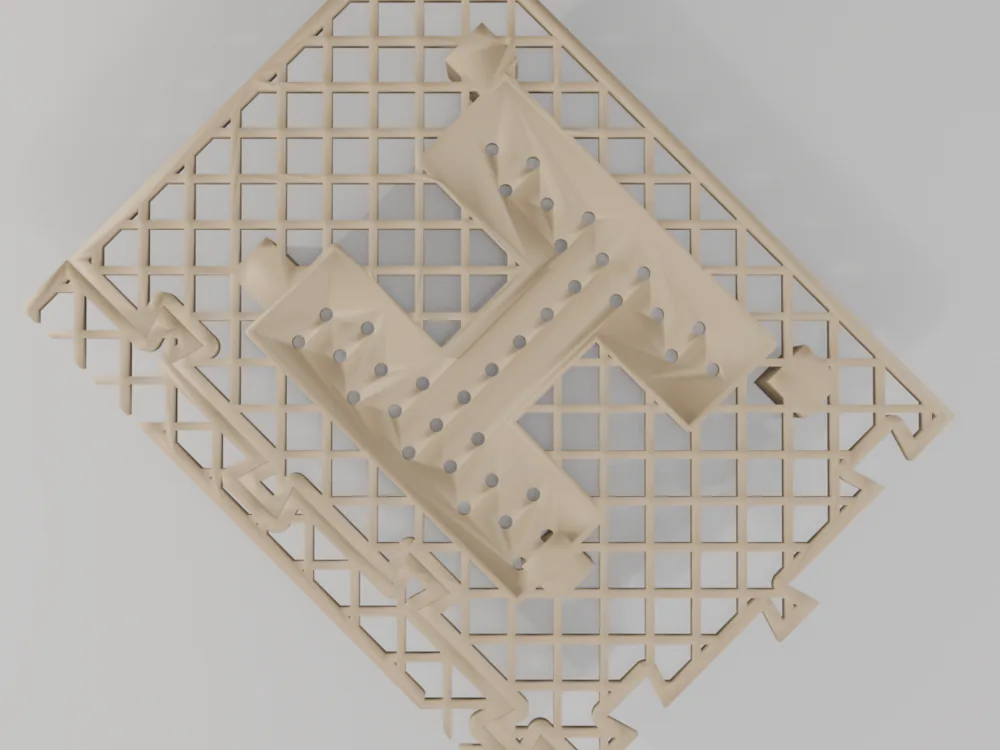 Close-up render of the dovetail-jigsaw joint where two quadrants interlock by hand