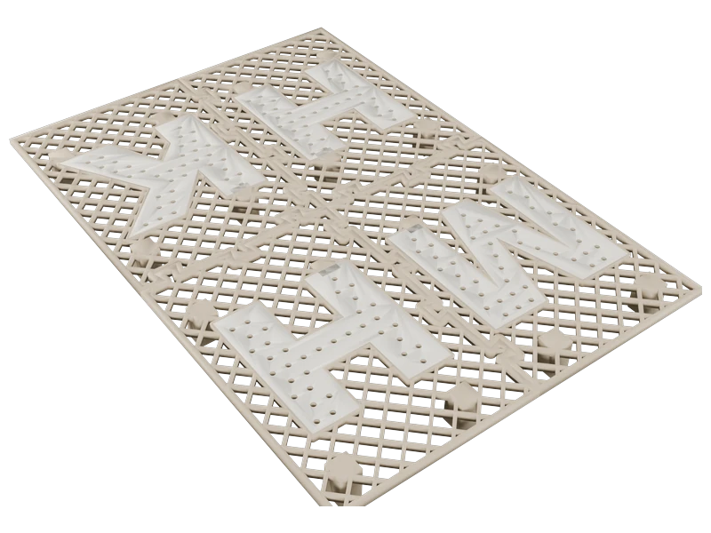 Render of the assembled four-piece mailbox stand-off grate — warm-beige cross-hatch drainage mesh with two-color cream M/H/H/K letters peppered with drain holes