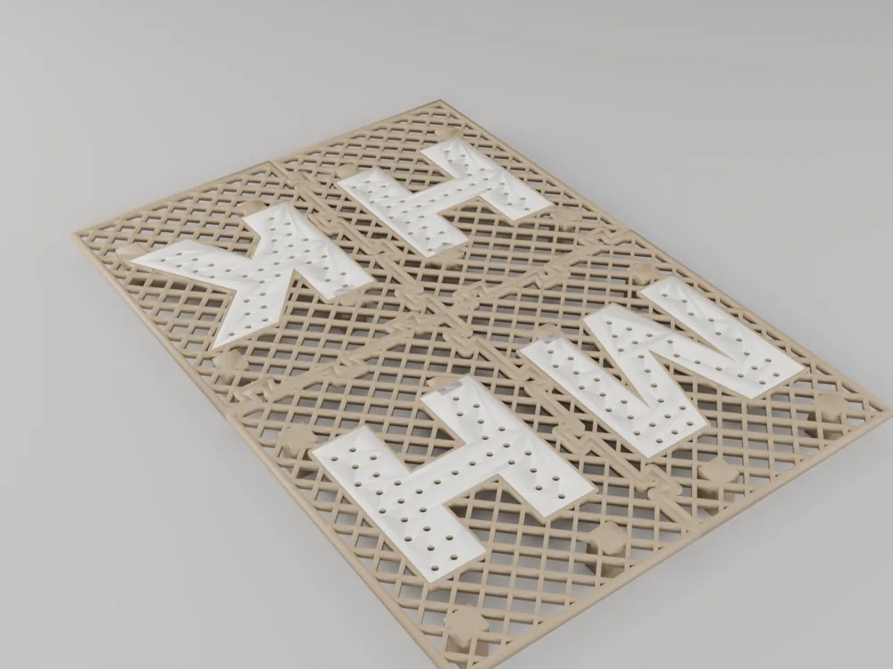 Isometric render of the fully assembled grate, showing its low profile and the four quadrants meeting at the center